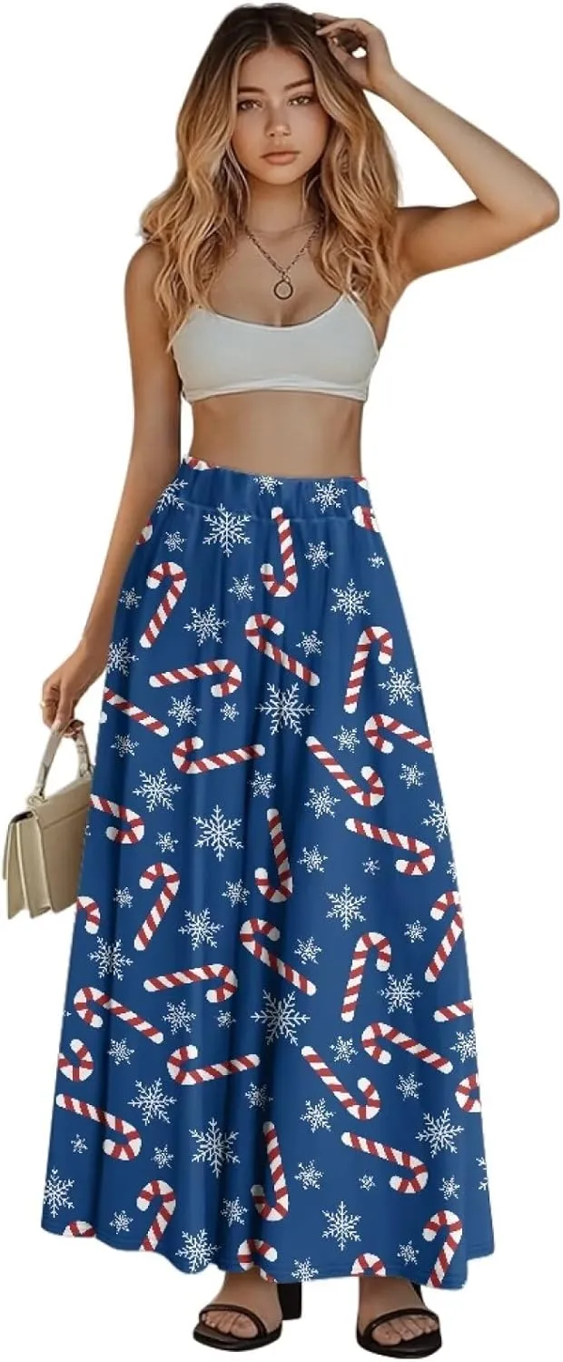 Long Skirts for Womens Casual Trendy Swing Skirts Elegant Floral Midi Skirts Elasticized Waistband Long Maxi Skirt