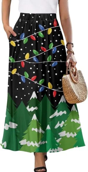 Long Skirts for Womens Casual Trendy Swing Skirts Elegant Floral Midi Skirts Elasticized Waistband Long Maxi Skirt