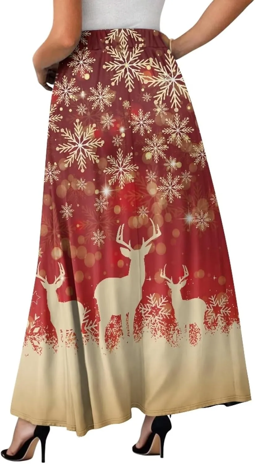 Long Skirts for Womens Casual Trendy Swing Skirts Elegant Floral Midi Skirts Elasticized Waistband Long Maxi Skirt