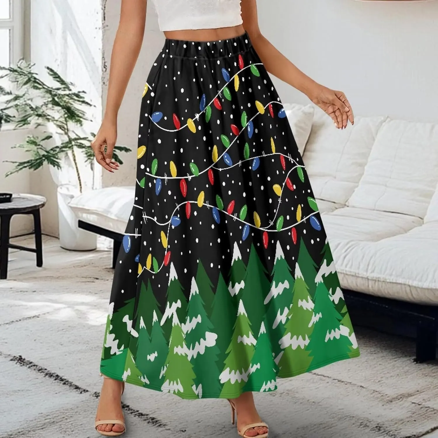 Long Skirts for Womens Casual Trendy Swing Skirts Elegant Floral Midi Skirts Elasticized Waistband Long Maxi Skirt