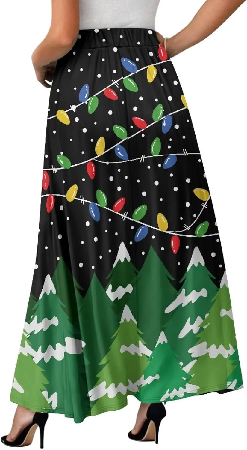 Long Skirts for Womens Casual Trendy Swing Skirts Elegant Floral Midi Skirts Elasticized Waistband Long Maxi Skirt