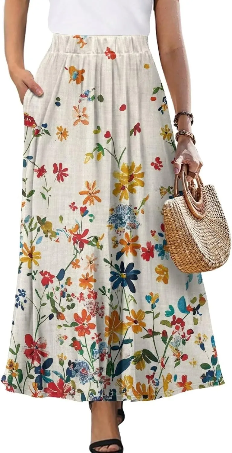 Long Skirts for Womens Casual Trendy Swing Skirts Elegant Floral Midi Skirts Elasticized Waistband Long Maxi Skirt