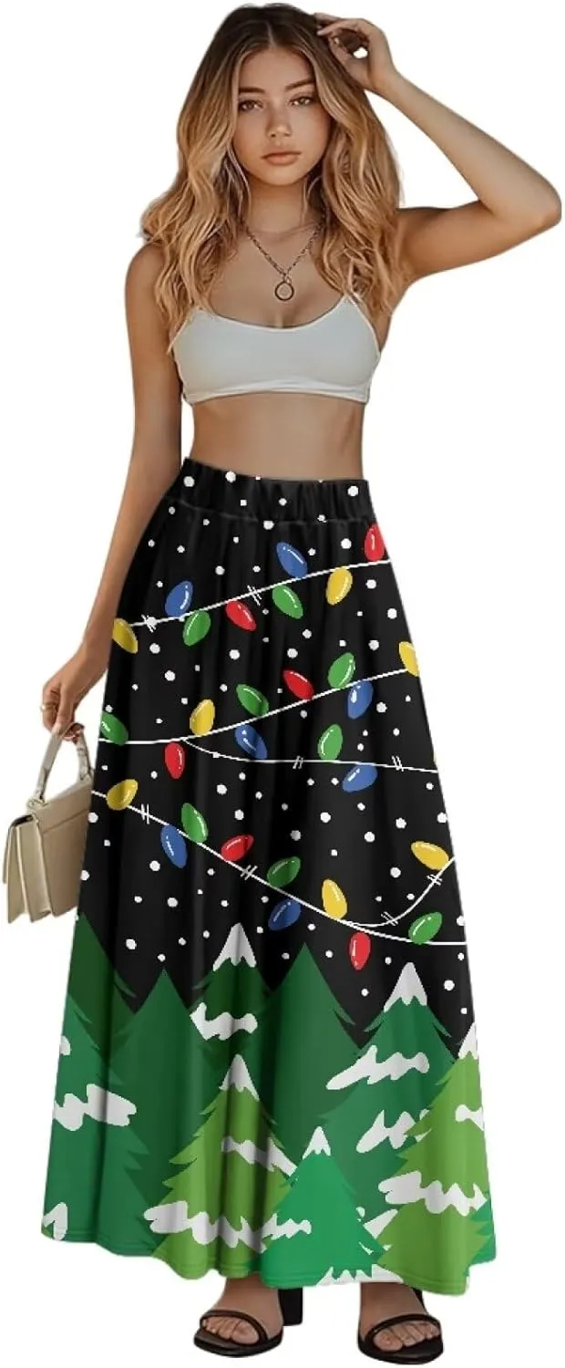 Long Skirts for Womens Casual Trendy Swing Skirts Elegant Floral Midi Skirts Elasticized Waistband Long Maxi Skirt