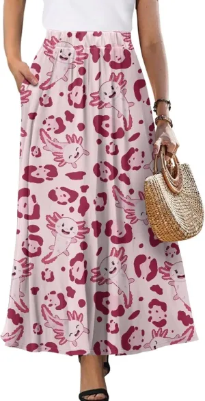 Long Skirts for Womens Casual Trendy Swing Skirts Elegant Floral Midi Skirts Elasticized Waistband Long Maxi Skirt