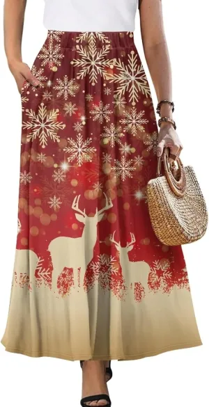 Long Skirts for Womens Casual Trendy Swing Skirts Elegant Floral Midi Skirts Elasticized Waistband Long Maxi Skirt