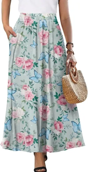 Long Skirts for Womens Casual Trendy Swing Skirts Elegant Floral Midi Skirts Elasticized Waistband Long Maxi Skirt