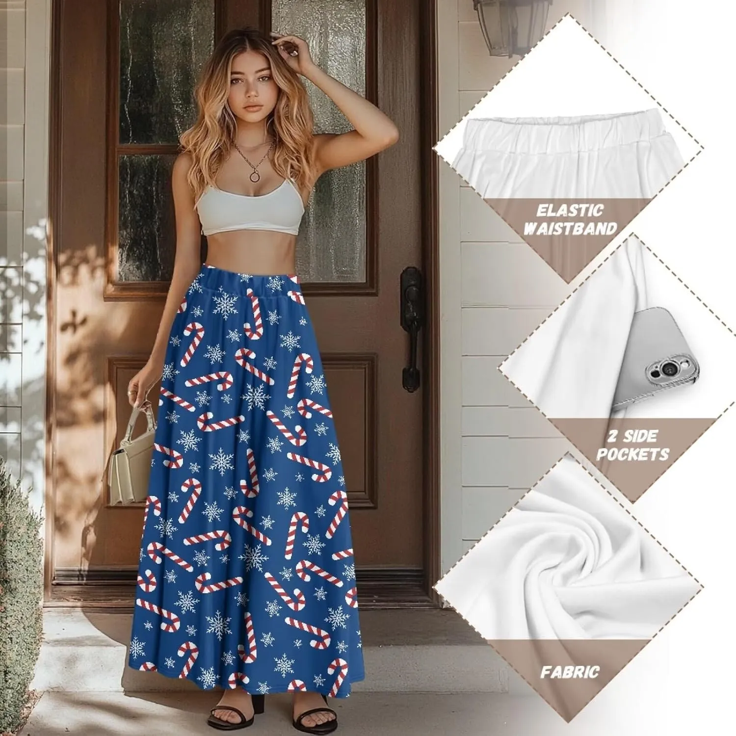 Long Skirts for Womens Casual Trendy Swing Skirts Elegant Floral Midi Skirts Elasticized Waistband Long Maxi Skirt
