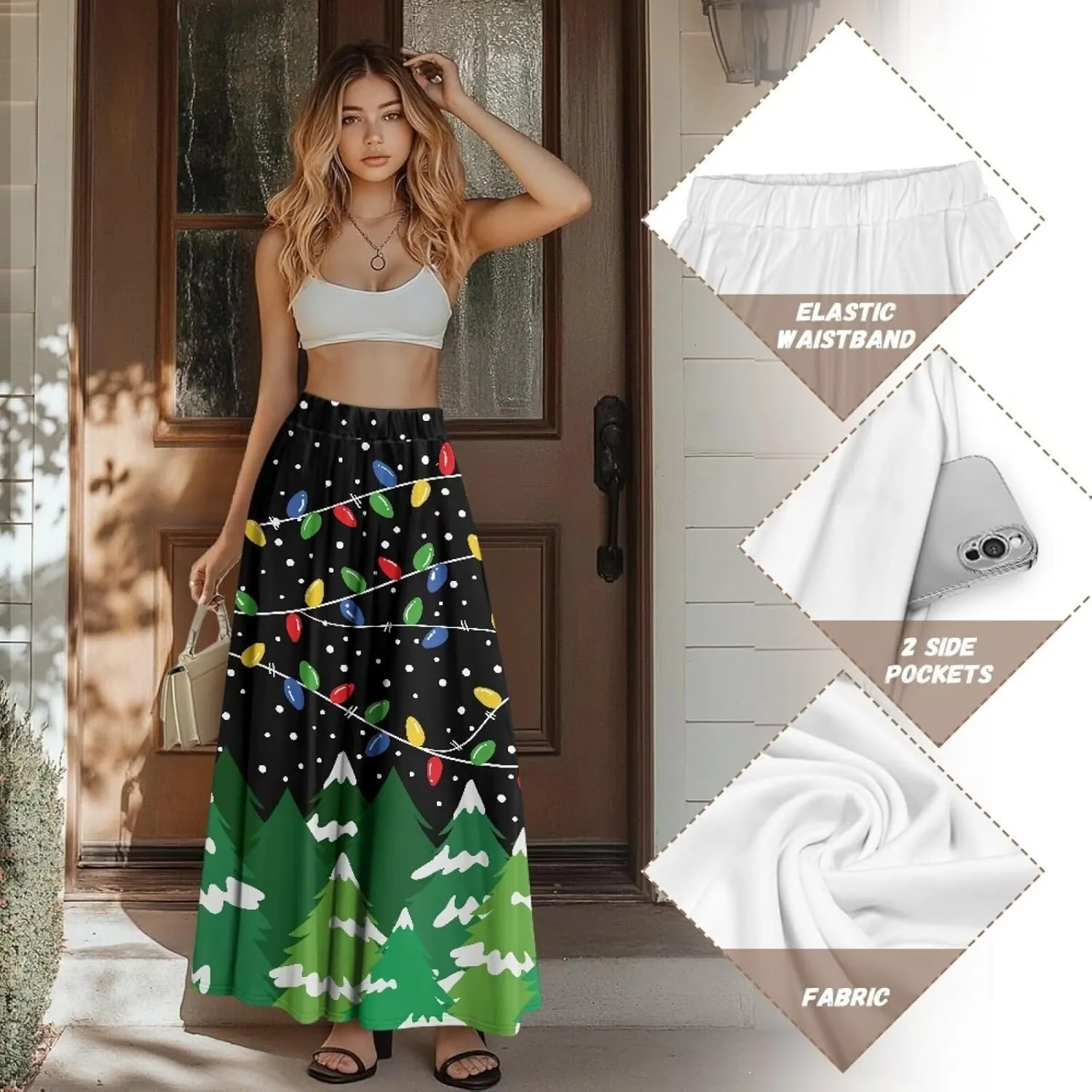 Long Skirts for Womens Casual Trendy Swing Skirts Elegant Floral Midi Skirts Elasticized Waistband Long Maxi Skirt