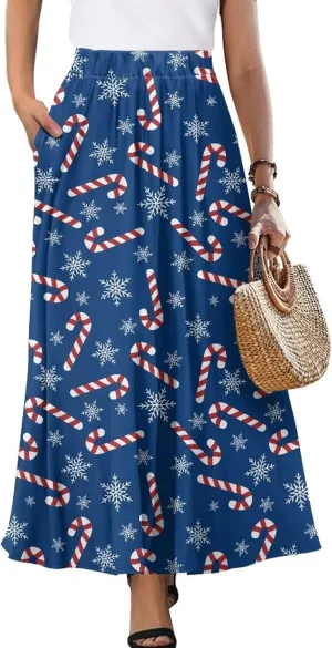 Long Skirts for Womens Casual Trendy Swing Skirts Elegant Floral Midi Skirts Elasticized Waistband Long Maxi Skirt