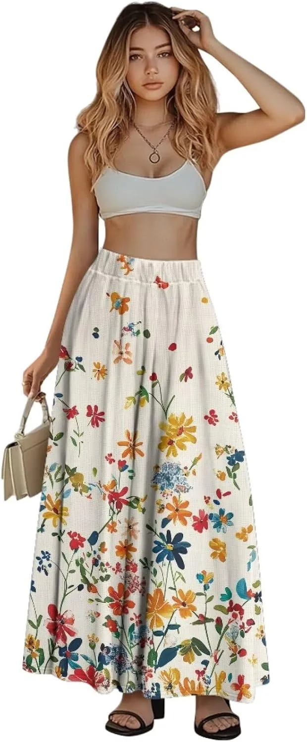 Long Skirts for Womens Casual Trendy Swing Skirts Elegant Floral Midi Skirts Elasticized Waistband Long Maxi Skirt