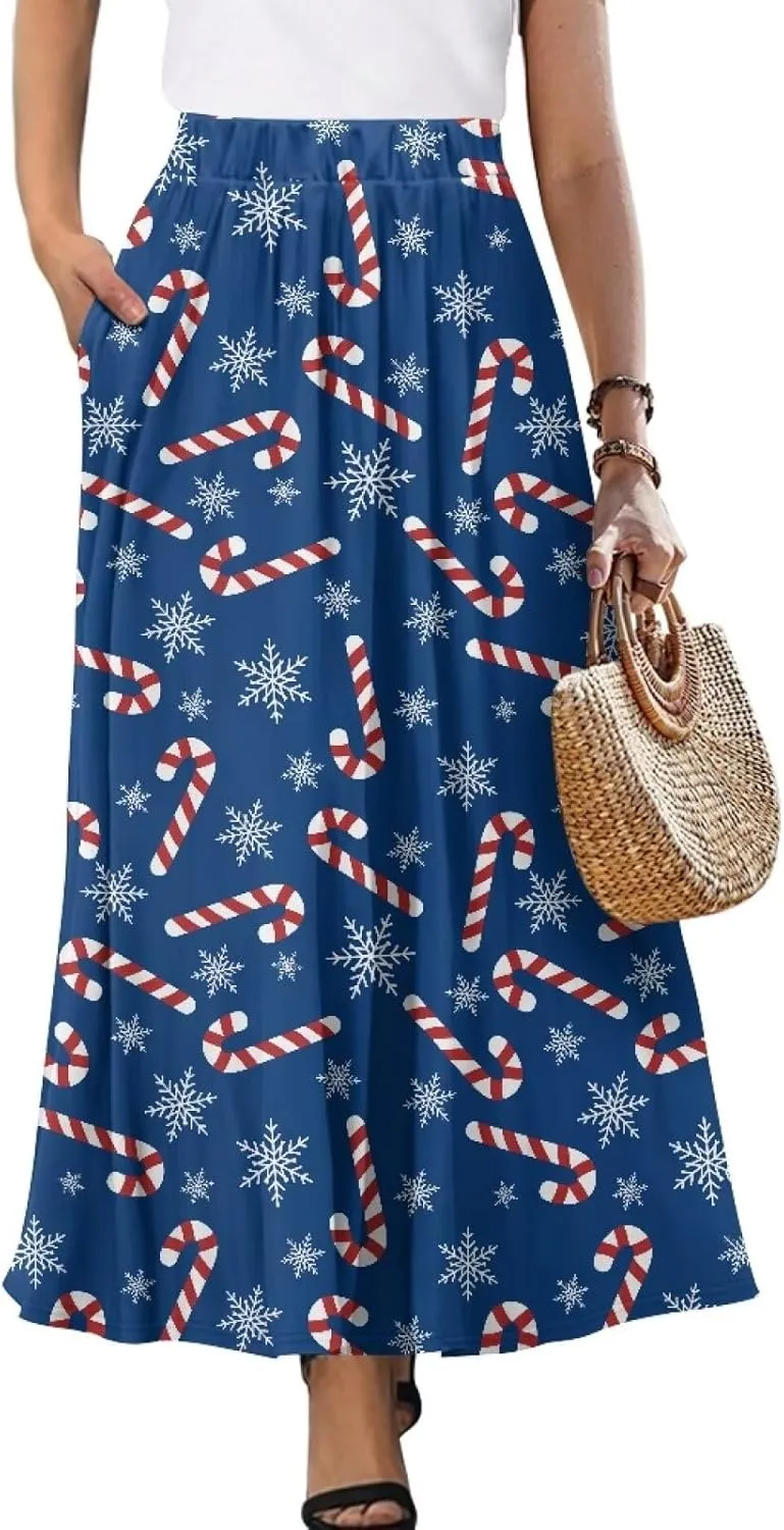 Long Skirts for Womens Casual Trendy Swing Skirts Elegant Floral Midi Skirts Elasticized Waistband Long Maxi Skirt