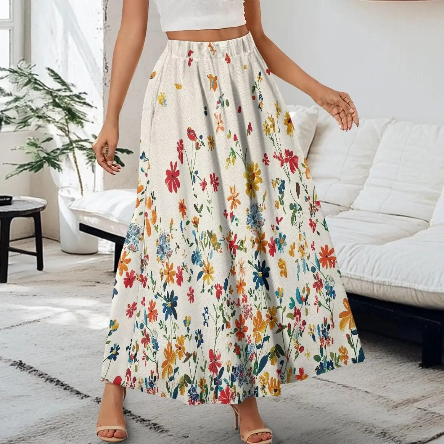 Long Skirts for Womens Casual Trendy Swing Skirts Elegant Floral Midi Skirts Elasticized Waistband Long Maxi Skirt