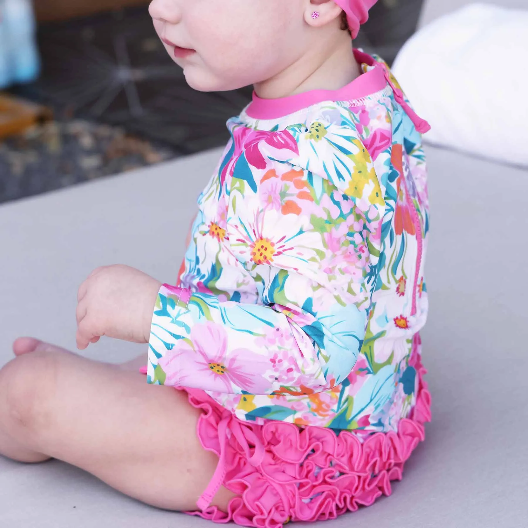Long Sleeve Rash Guard With Ruffle Bottom | Seaside Blooms