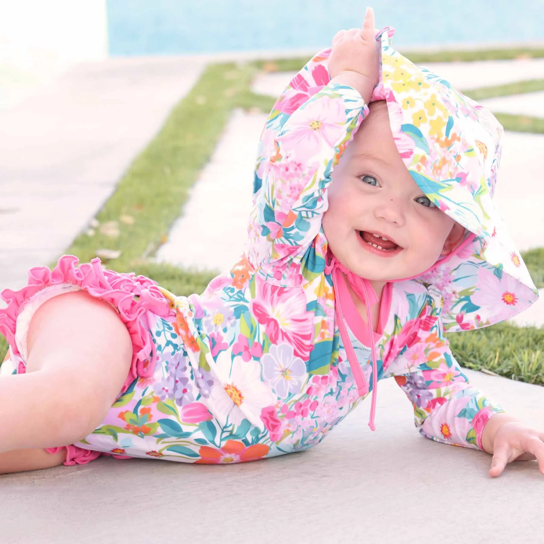 Long Sleeve Rash Guard With Ruffle Bottom | Seaside Blooms