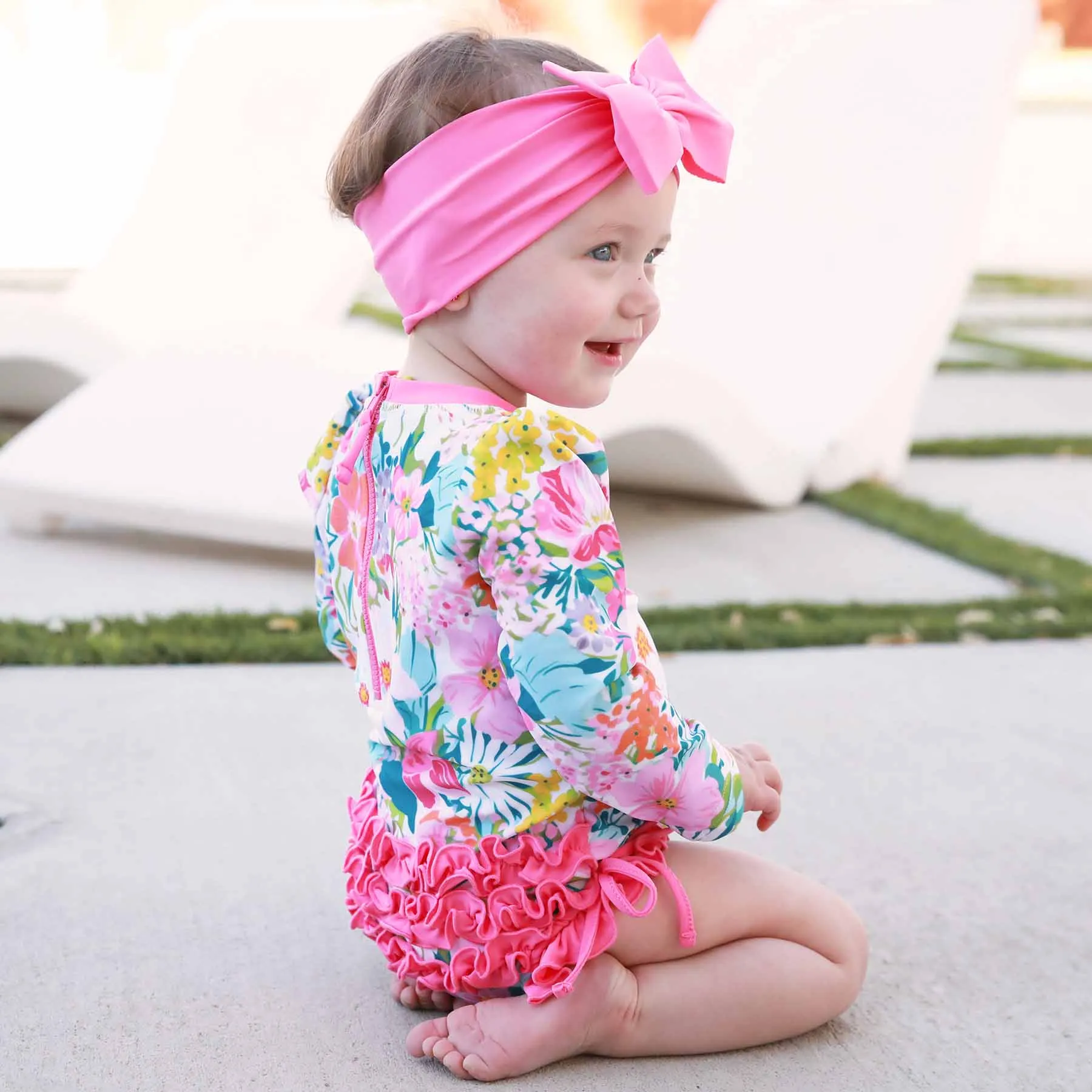 Long Sleeve Rash Guard With Ruffle Bottom | Seaside Blooms