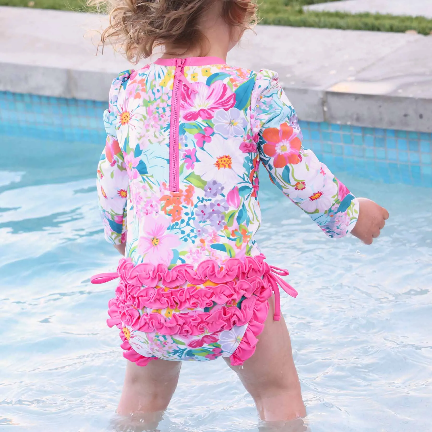 Long Sleeve Rash Guard With Ruffle Bottom | Seaside Blooms