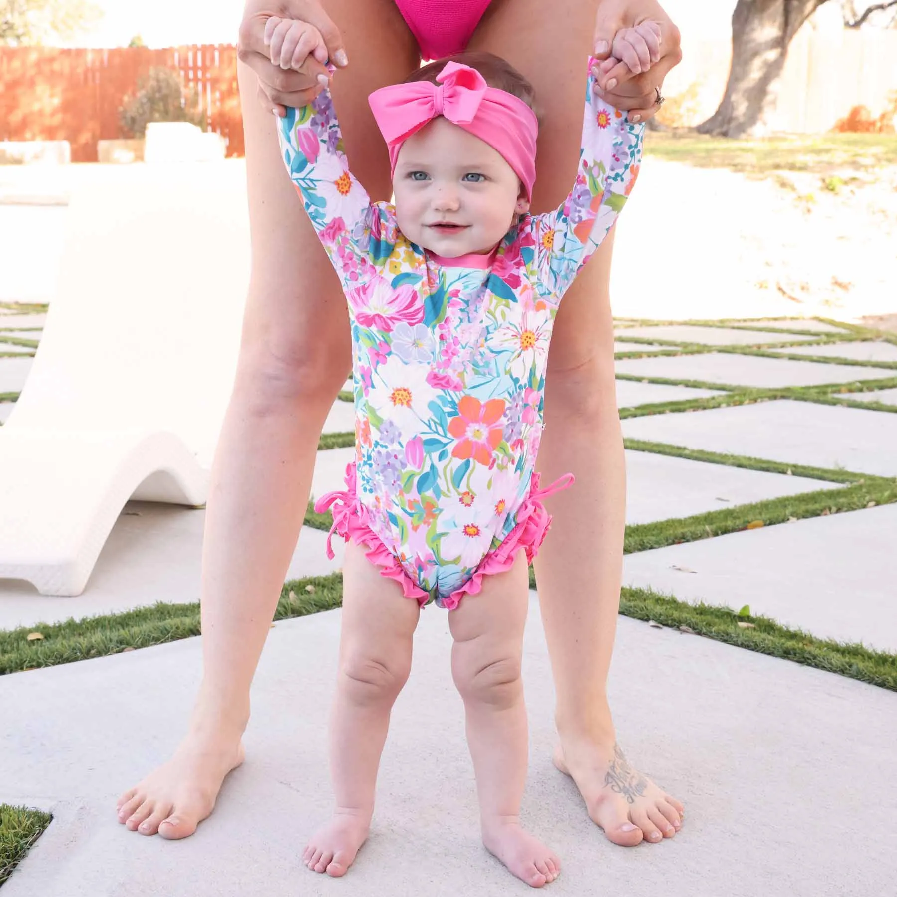 Long Sleeve Rash Guard With Ruffle Bottom | Seaside Blooms