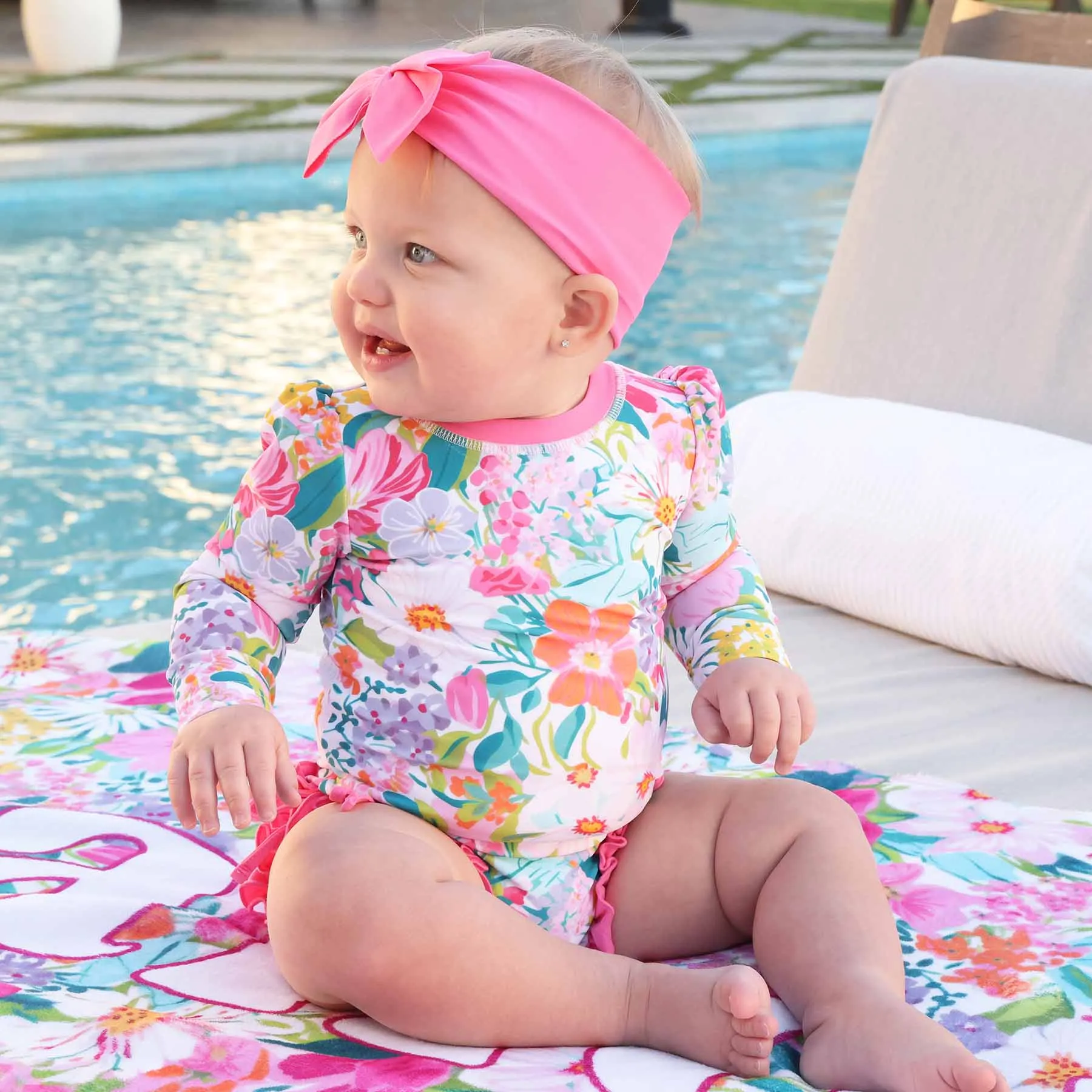 Long Sleeve Rash Guard With Ruffle Bottom | Seaside Blooms