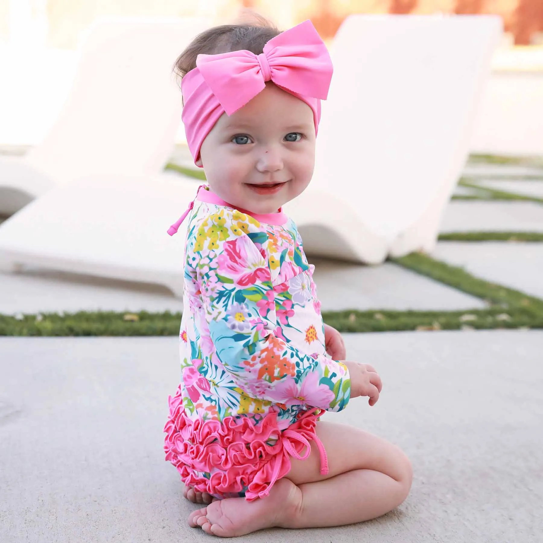Long Sleeve Rash Guard With Ruffle Bottom | Seaside Blooms