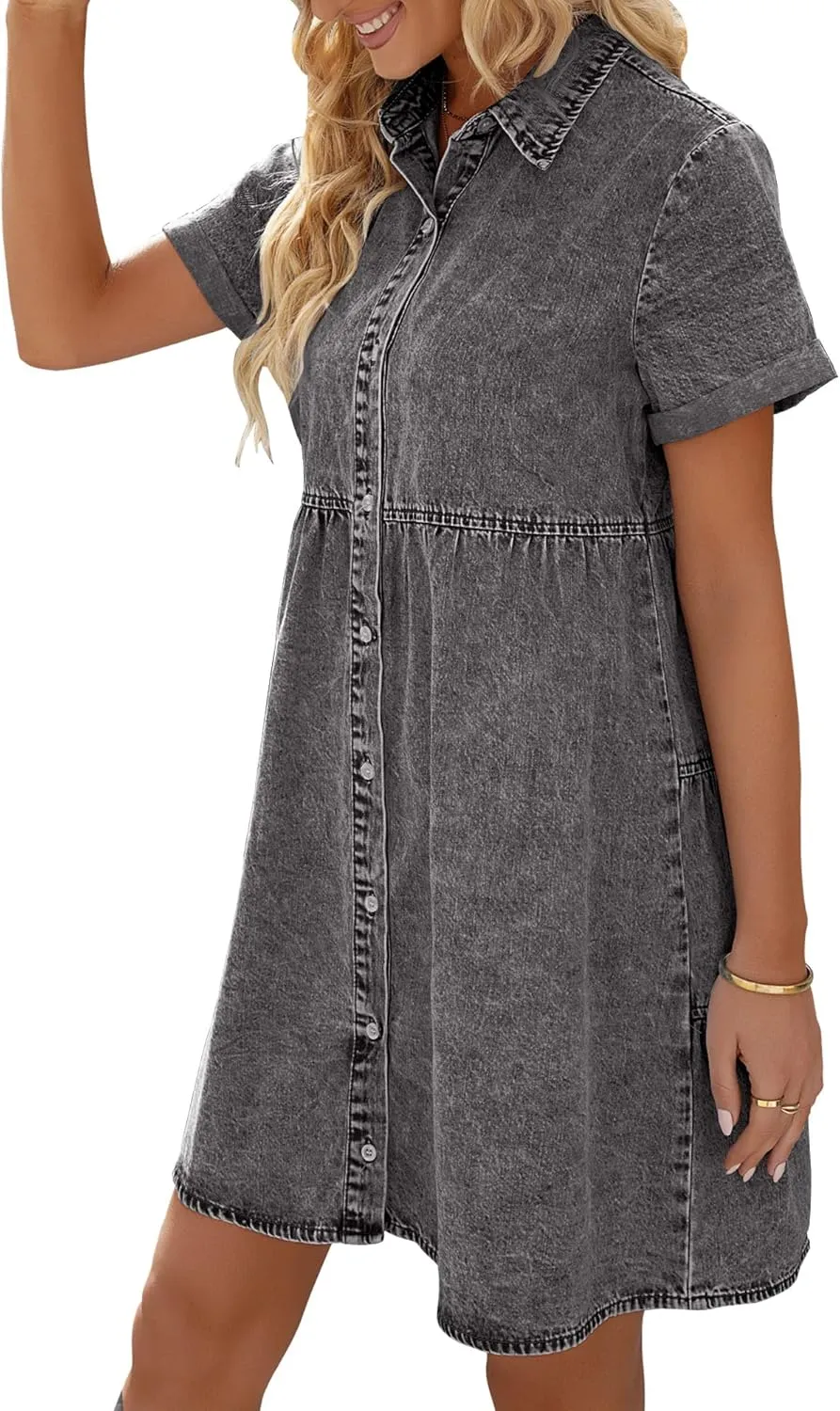 LookbookStore Women's Short Sleeve Button Down Flowy Tiered Babydoll Denim Dress