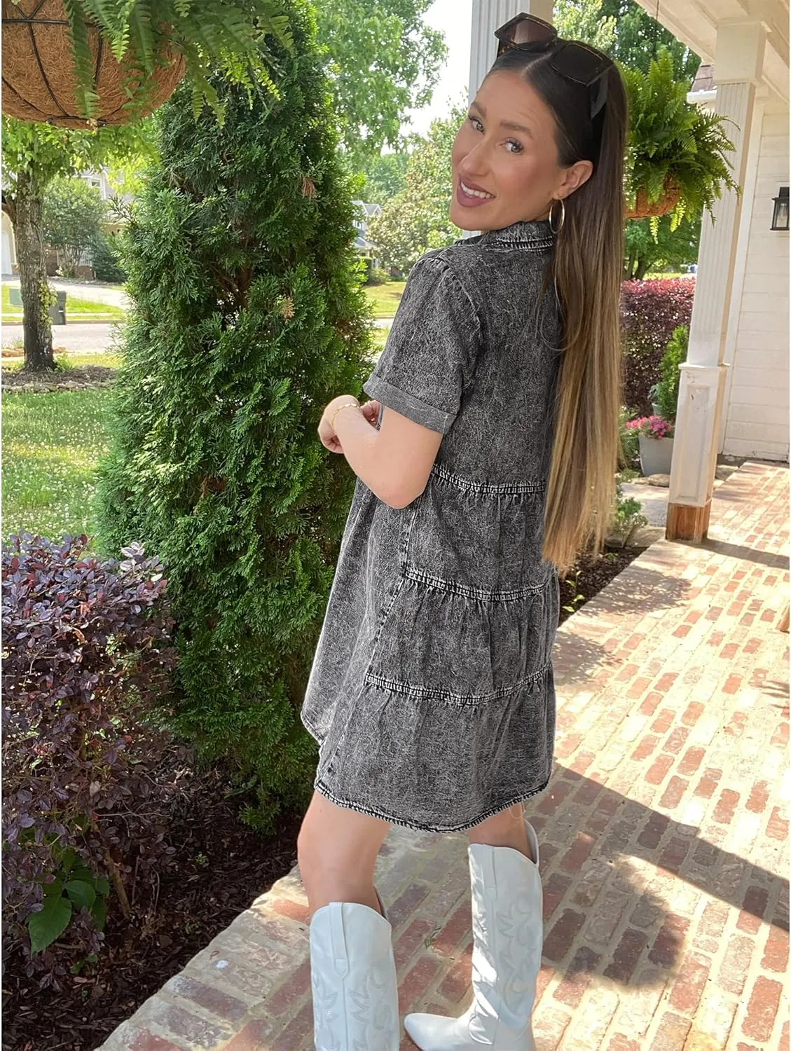 LookbookStore Women's Short Sleeve Button Down Flowy Tiered Babydoll Denim Dress