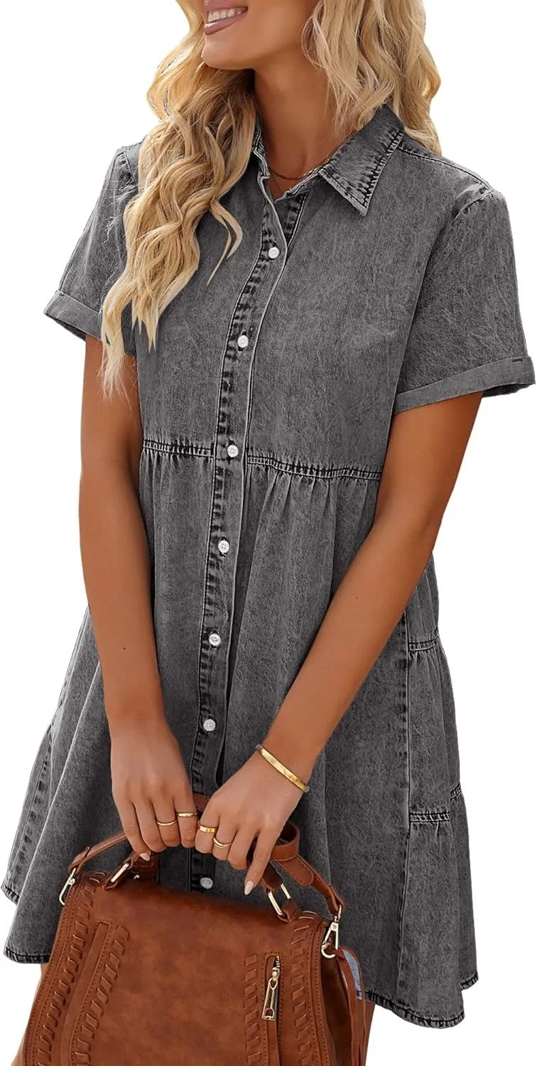 LookbookStore Women's Short Sleeve Button Down Flowy Tiered Babydoll Denim Dress