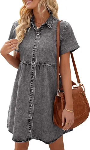 LookbookStore Women's Short Sleeve Button Down Flowy Tiered Babydoll Denim Dress