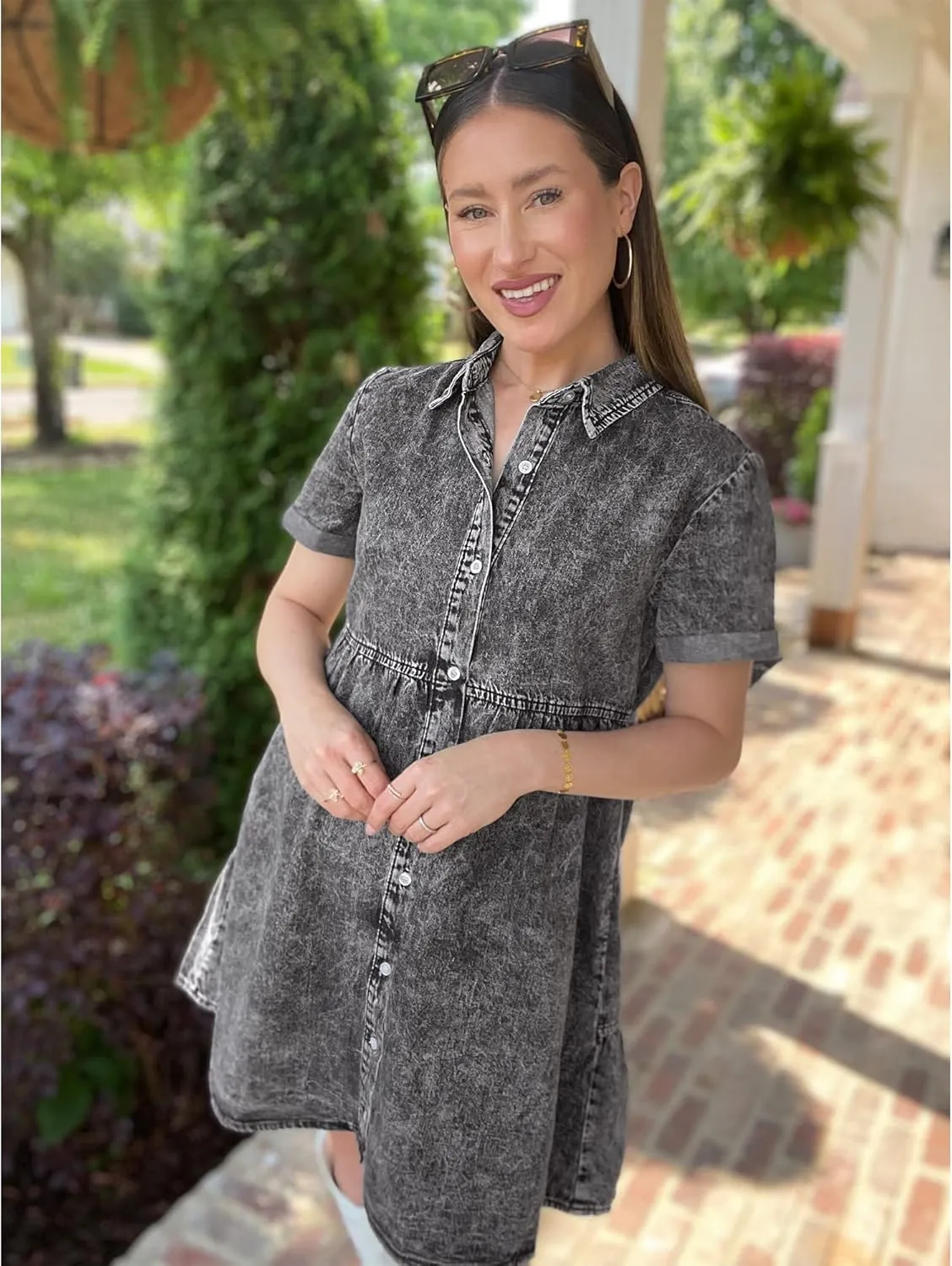 LookbookStore Women's Short Sleeve Button Down Flowy Tiered Babydoll Denim Dress