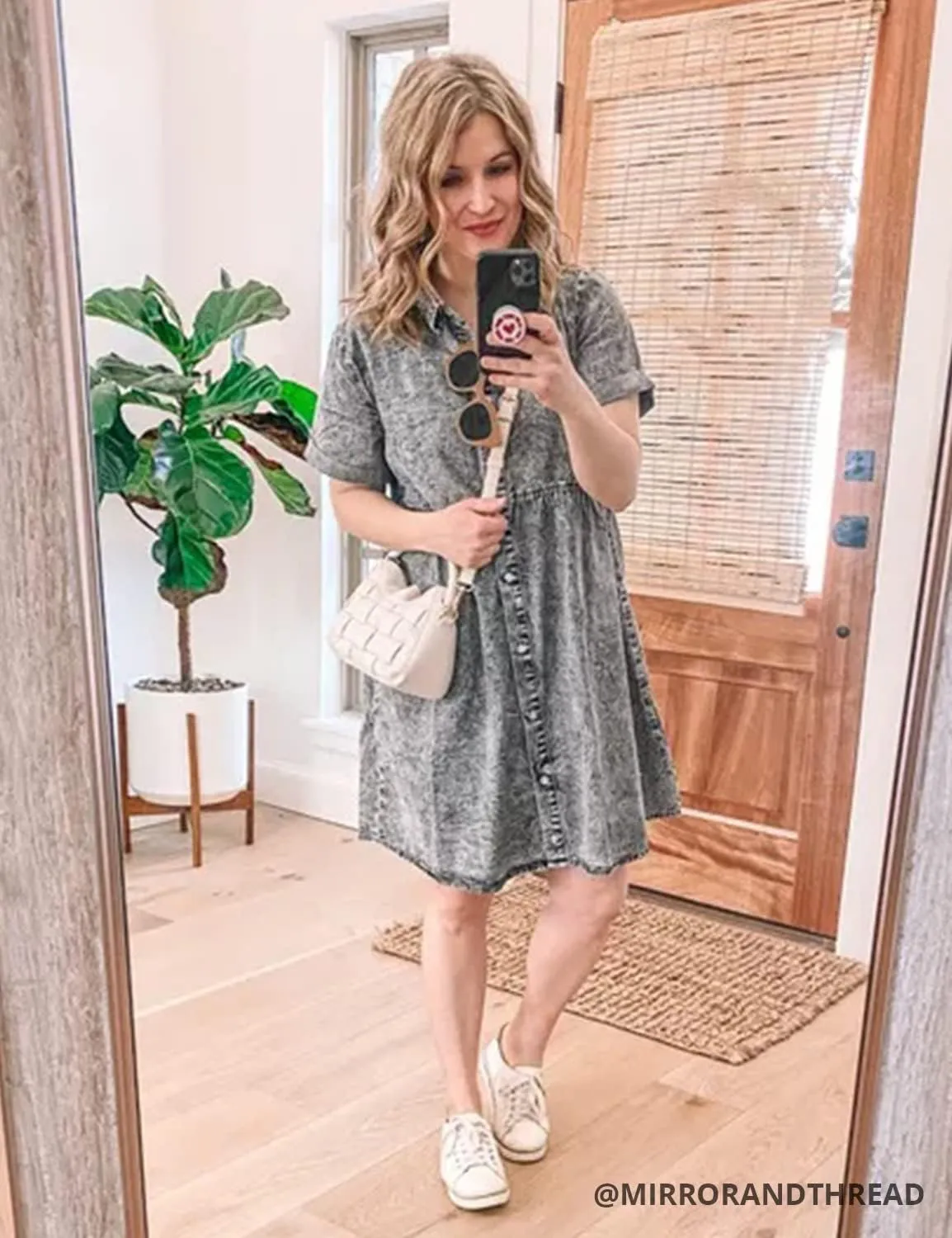 LookbookStore Women's Short Sleeve Button Down Flowy Tiered Babydoll Denim Dress