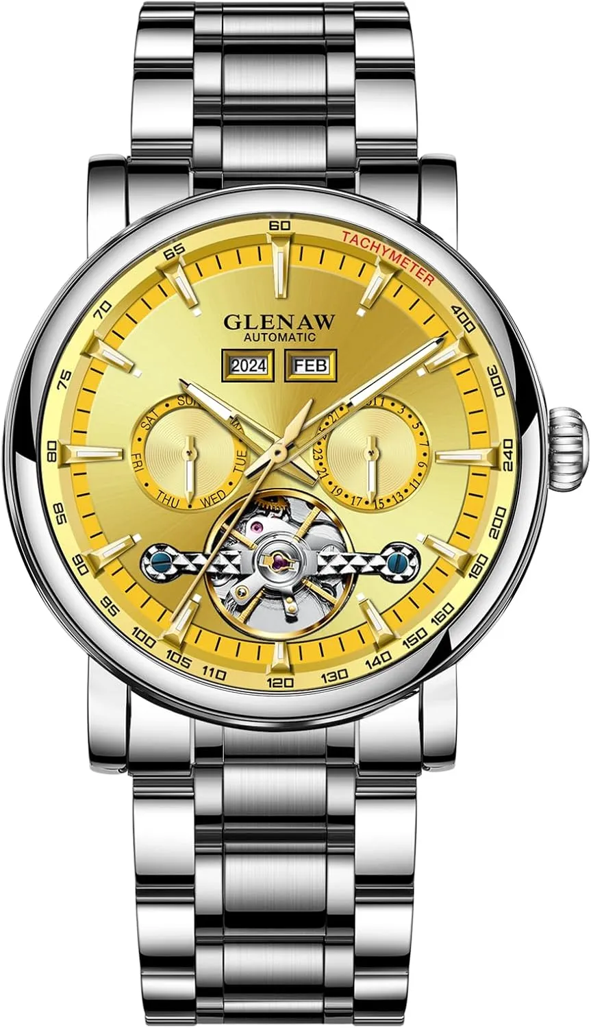 Luxury Automatic Mechanical Mens Watche-Skeleton Dial, Day Date Tourbillon Self Winding Dress Wrist Watches Luminous