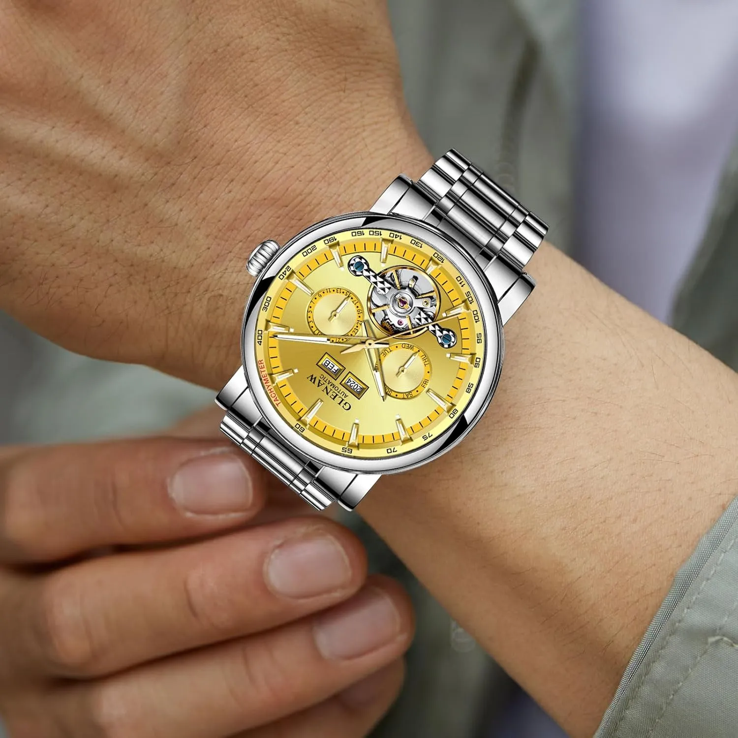Luxury Automatic Mechanical Mens Watche-Skeleton Dial, Day Date Tourbillon Self Winding Dress Wrist Watches Luminous
