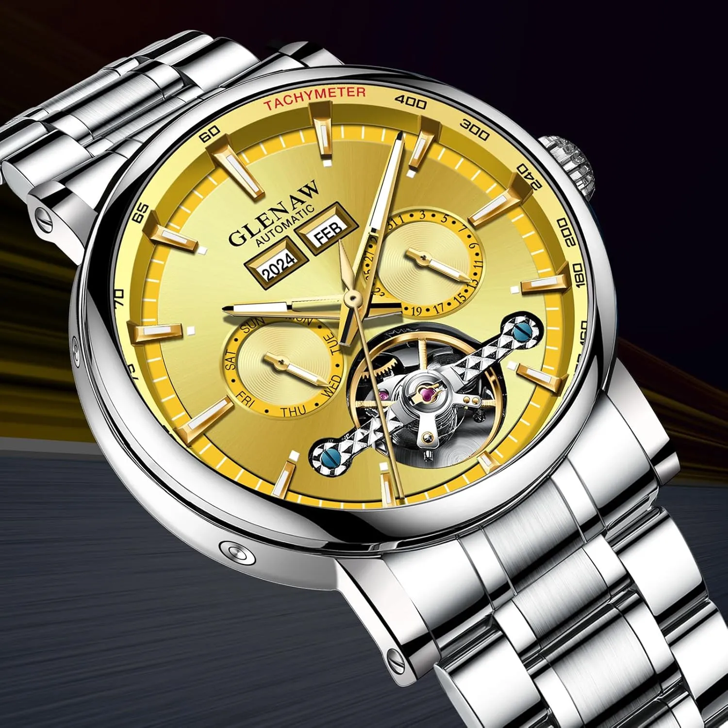 Luxury Automatic Mechanical Mens Watche-Skeleton Dial, Day Date Tourbillon Self Winding Dress Wrist Watches Luminous