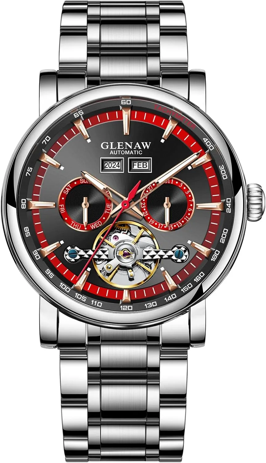 Luxury Automatic Mechanical Mens Watche-Skeleton Dial, Day Date Tourbillon Self Winding Dress Wrist Watches Luminous