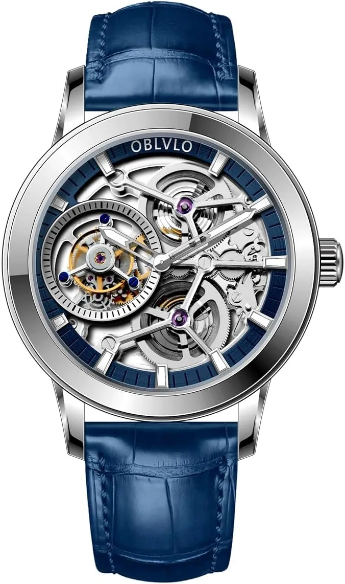 Luxury Men Mechanical Watches Genuine Leather Steel Skeleton Dial Tourbillon Manual-Wind Watches VM-TB (VM-TB-YLL)