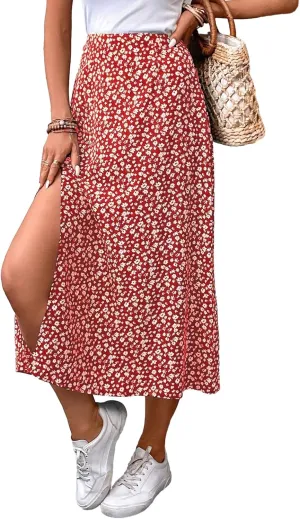 MakeMeChic Women's Floral Split Midi Skirts High Waisted Boho Casual Long Skirt