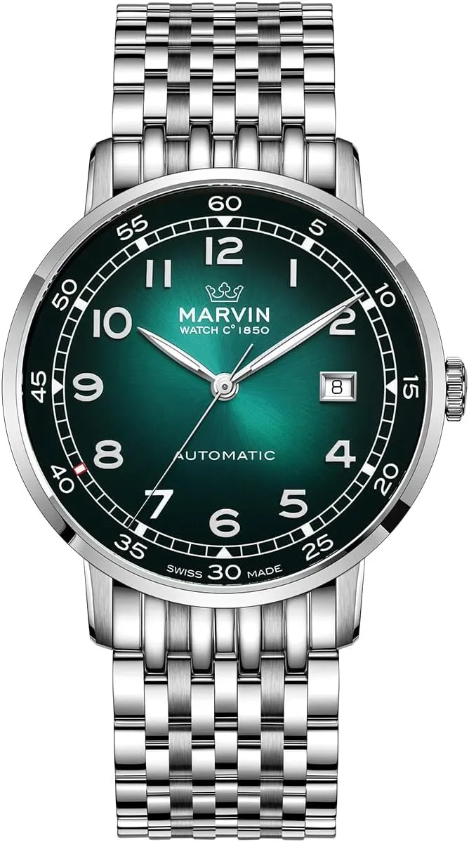 marvin Swiss Automatic Movement Watches for Men Casual Men's Watch with Stainless Steel Strap,Sapphire Glass Dial,Luminous Hands and Hour Markers,50m Waterproof