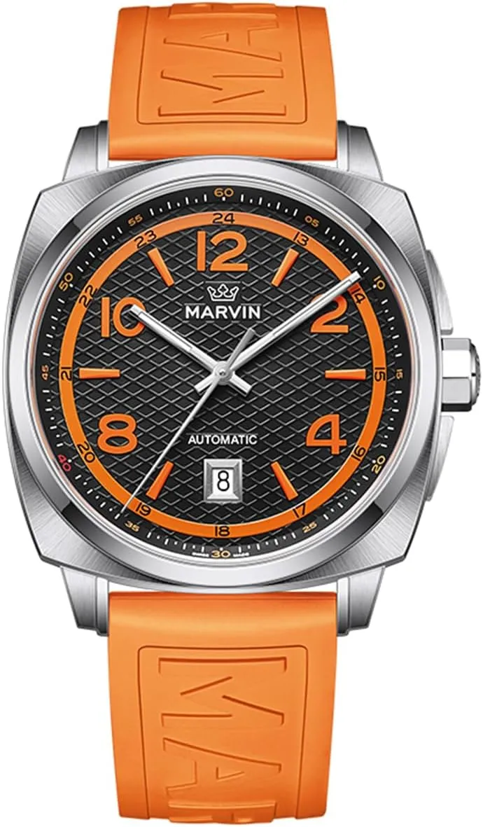 marvin Swiss Mens Watches Automatic Mechanical Watch for Men with Rubber Strap,50M Waterproof,42MM Sapphire Glass Black Dial Luxury Men's Wrist Watches