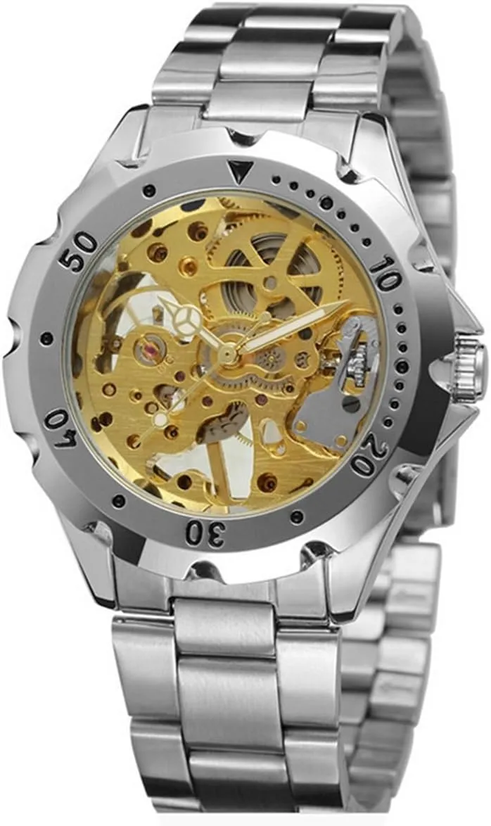MASTOP Luxury Brand Skeleton Dial with Silver Stainless Steel Wrist Watch Men Waterproof Mechanical Watch