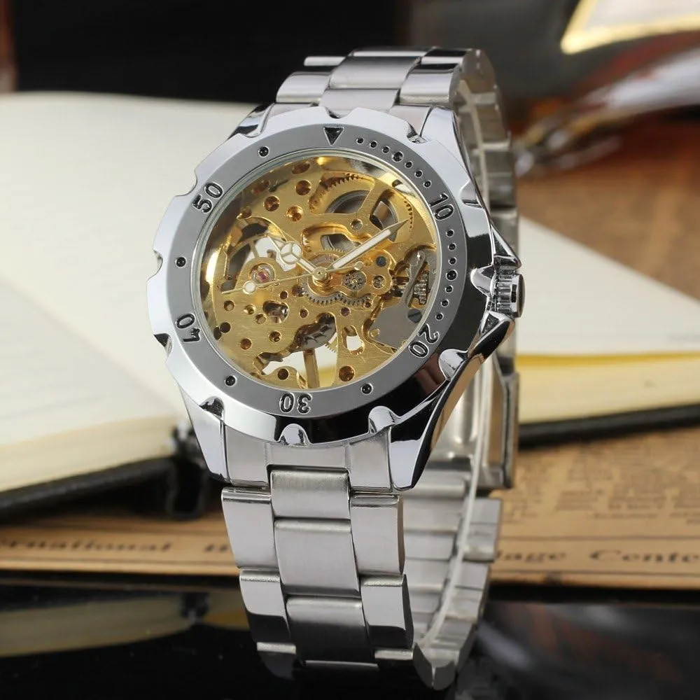 MASTOP Luxury Brand Skeleton Dial with Silver Stainless Steel Wrist Watch Men Waterproof Mechanical Watch