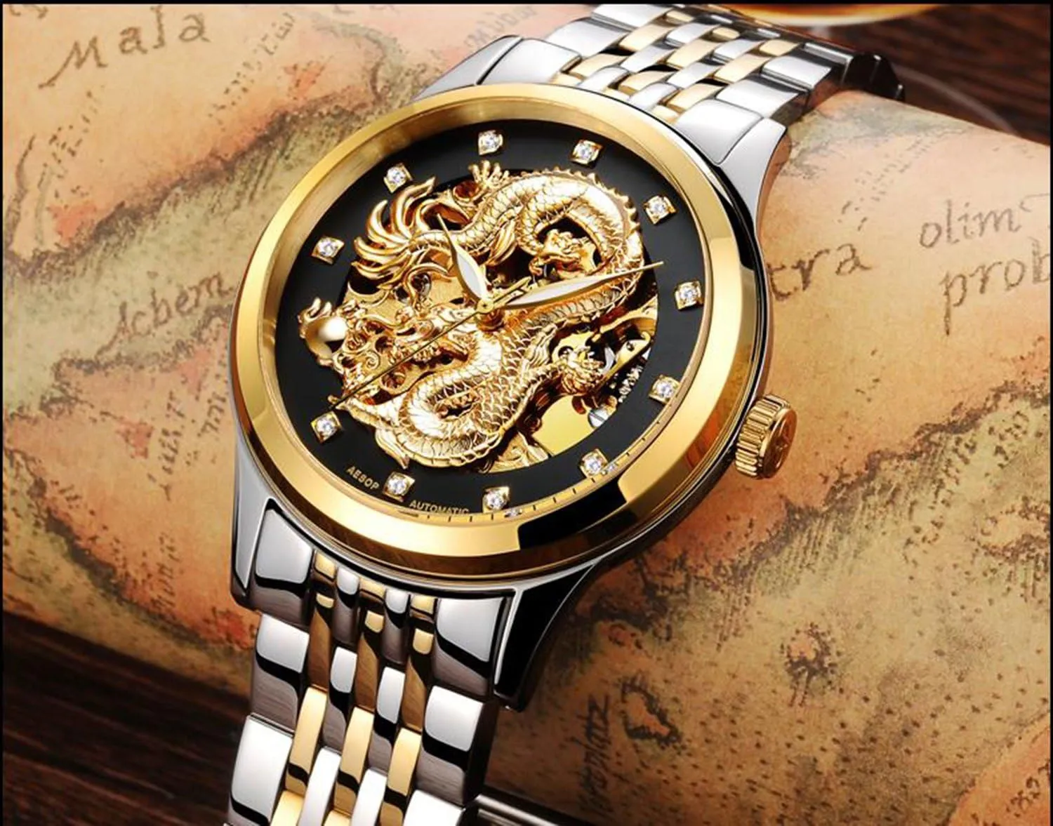 MASTOP Men's Luxury Watches 'Dragon Collection' Carved Dial Automatic Mechanical Waterproof Gold Skeleton Watch