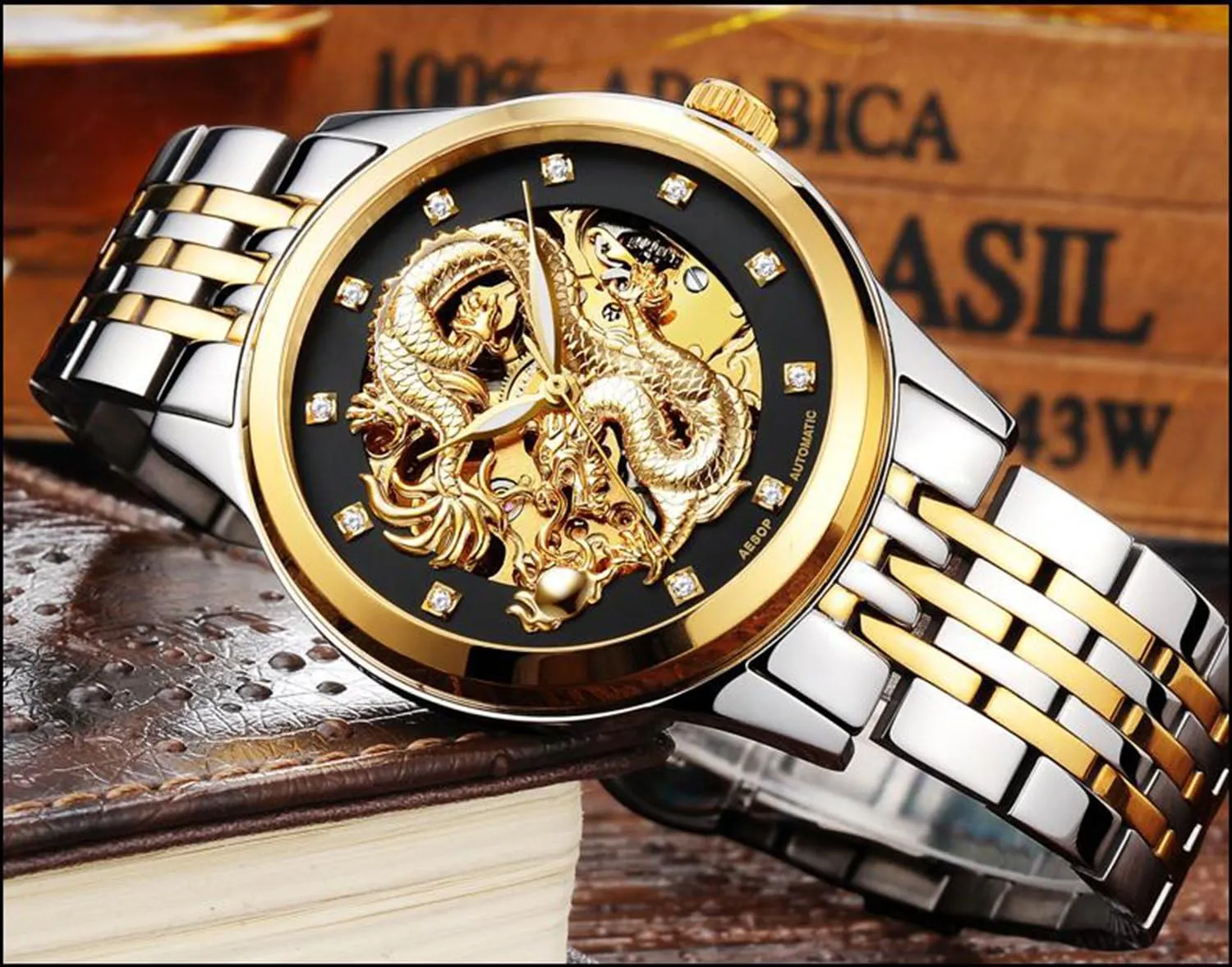 MASTOP Men's Luxury Watches 'Dragon Collection' Carved Dial Automatic Mechanical Waterproof Gold Skeleton Watch