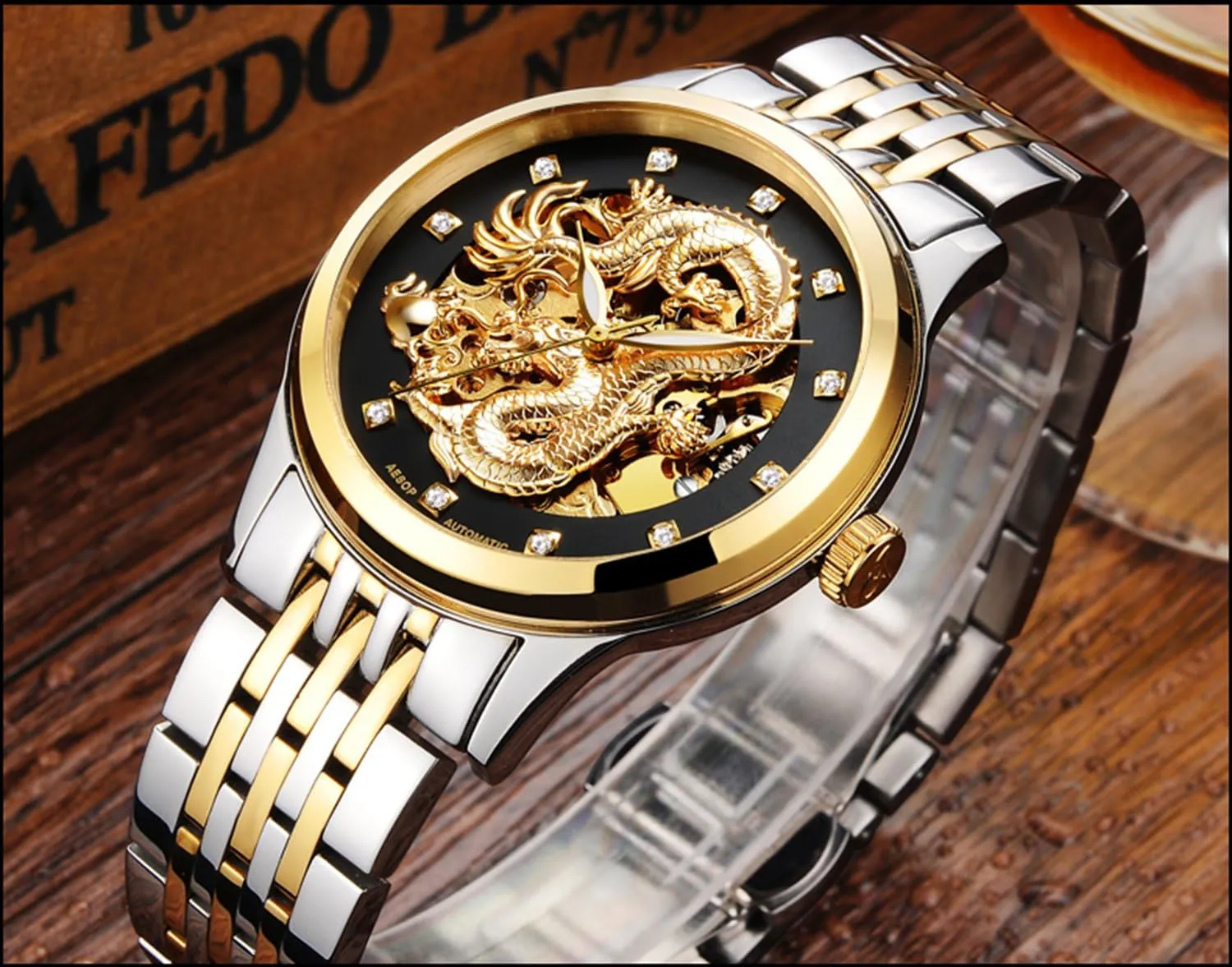 MASTOP Men's Luxury Watches 'Dragon Collection' Carved Dial Automatic Mechanical Waterproof Gold Skeleton Watch