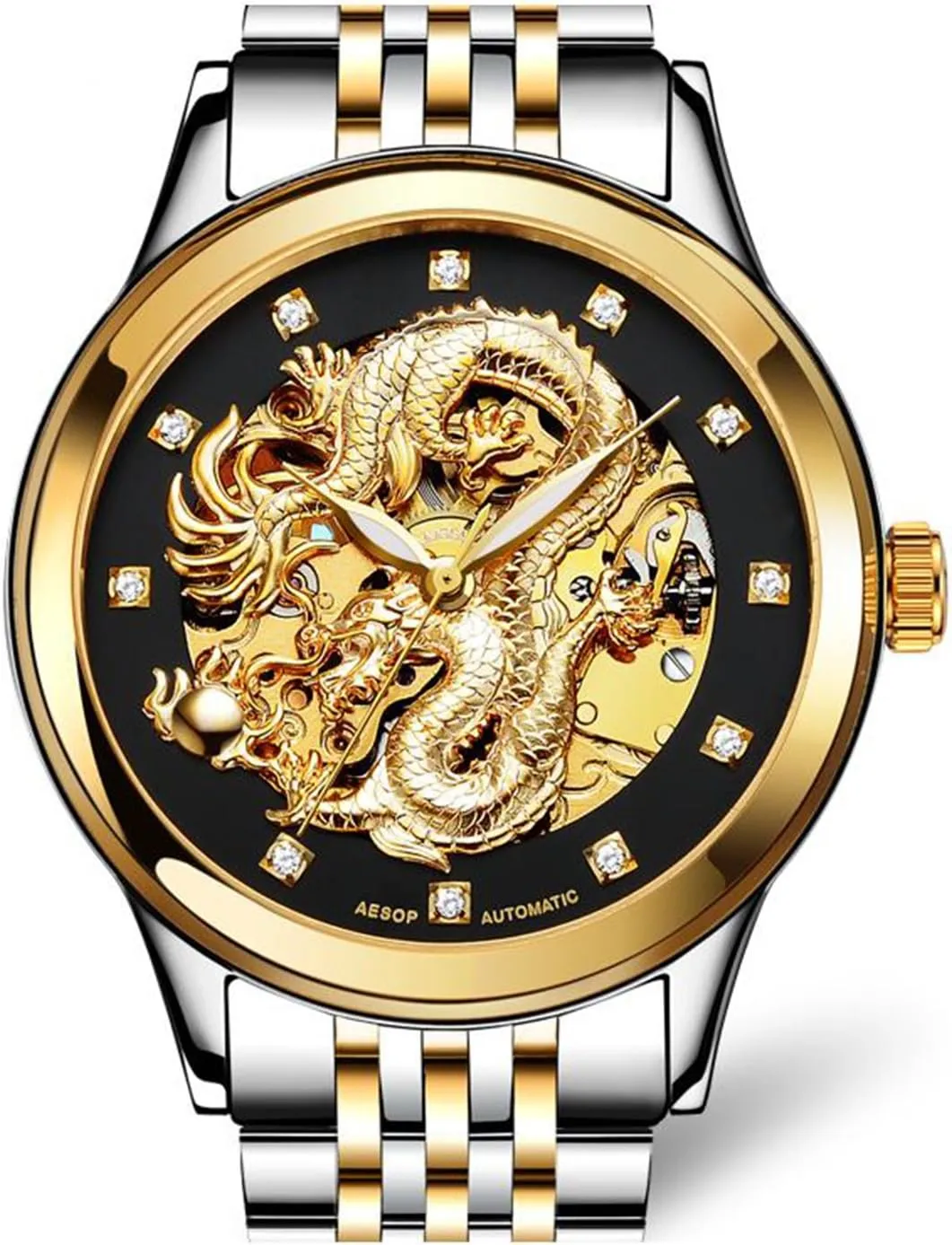 MASTOP Men's Luxury Watches 'Dragon Collection' Carved Dial Automatic Mechanical Waterproof Gold Skeleton Watch