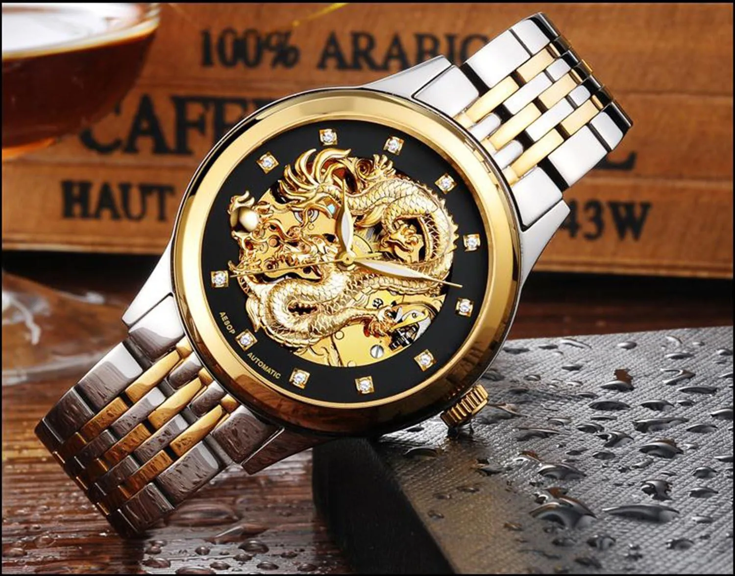 MASTOP Men's Luxury Watches 'Dragon Collection' Carved Dial Automatic Mechanical Waterproof Gold Skeleton Watch
