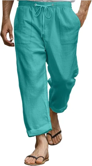 Men Linen Pants Plus Size Casual Plain Pant Classic Basic Lightweight Slacks Summer Vacation Beach Drawstring Trouser