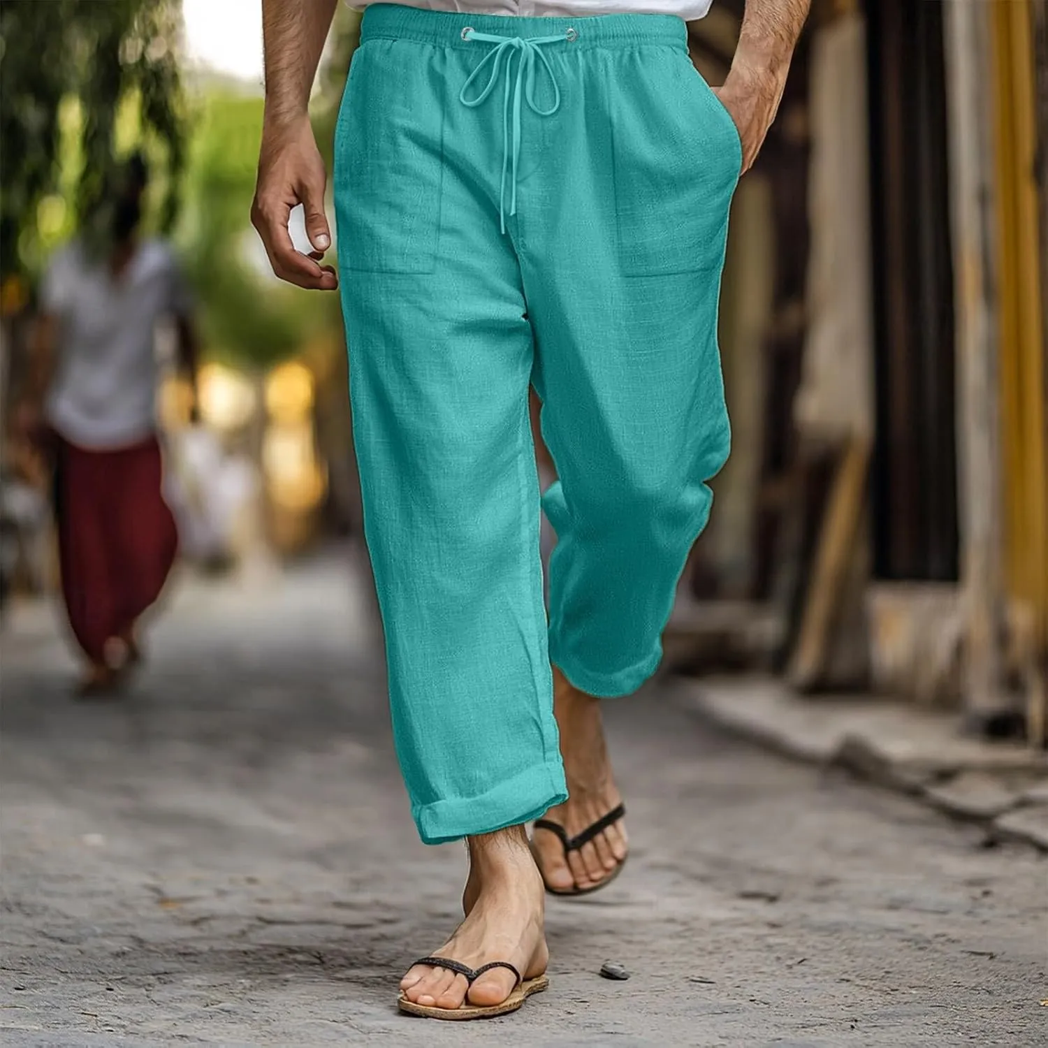 Men Linen Pants Plus Size Casual Plain Pant Classic Basic Lightweight Slacks Summer Vacation Beach Drawstring Trouser