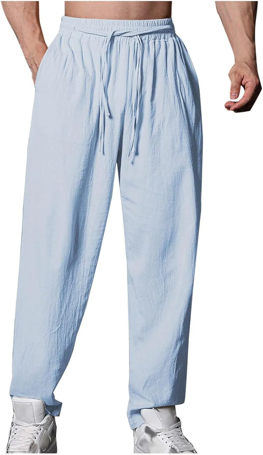 Mens Casual Pants Regular Fit Drawstring Straight-Legs Basic Linen Trousers Trendy Breathable Summer Workout Clothes