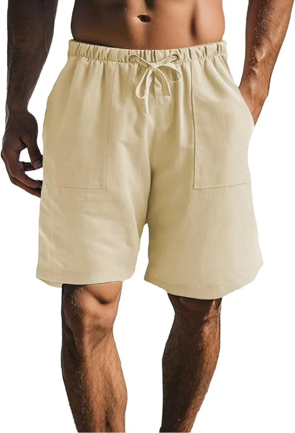 Mens Cotton Linen Shorts Casual Loose Fit Drawstring Elastic Waist 7Inch Inseam Shorts Stretch Summer Beach Wear