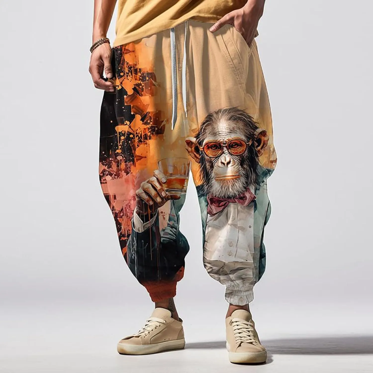 Men's Linen Harem Drawstring Pants Men's Autumn Fun Print Fashion Street Feel Casual Hiking Outdoor Twill Track