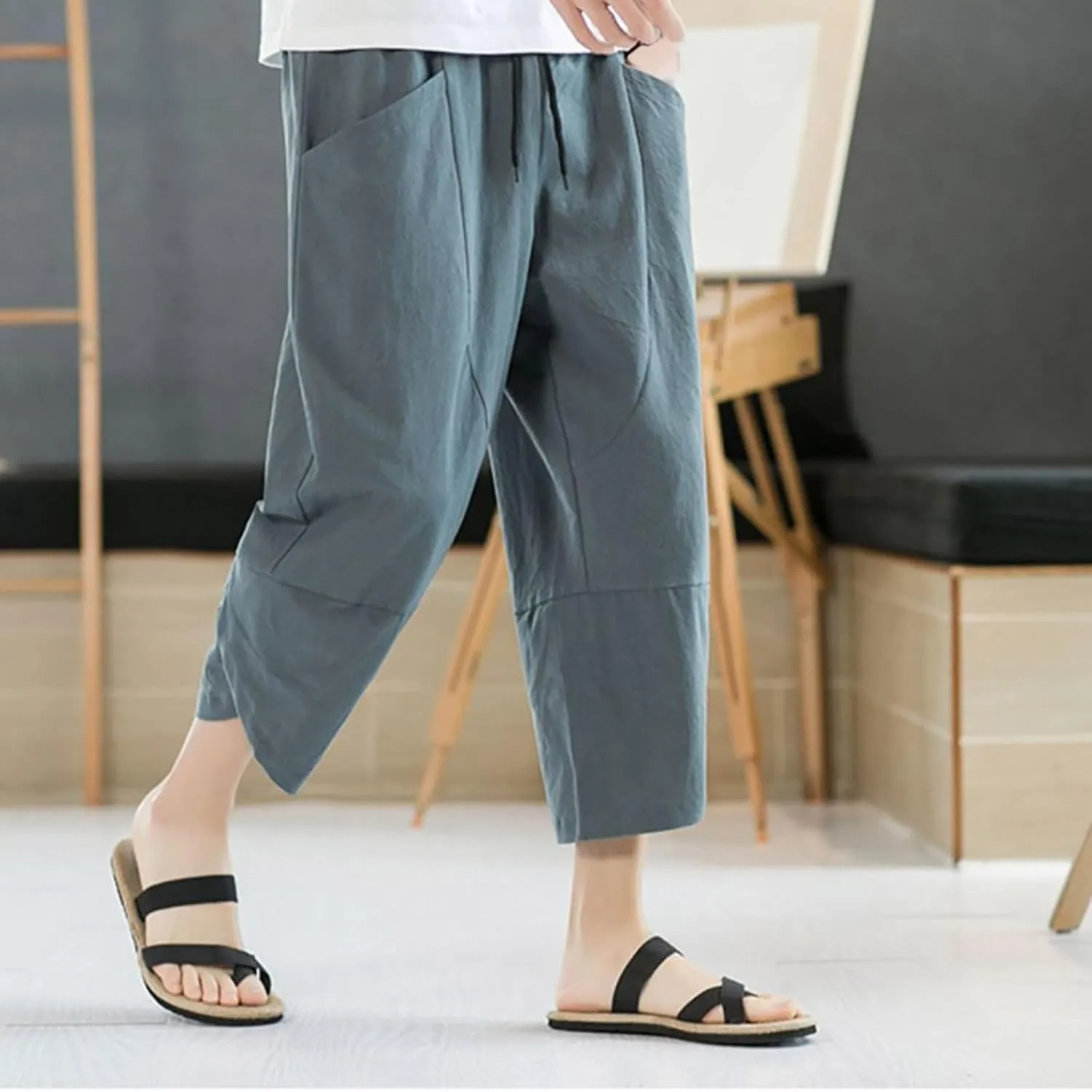 Men's Linen Pants Casual Pants Drawstring Beach Pants Relaxed-Fit Yoga Pants Soft Elastic Waist Pants
